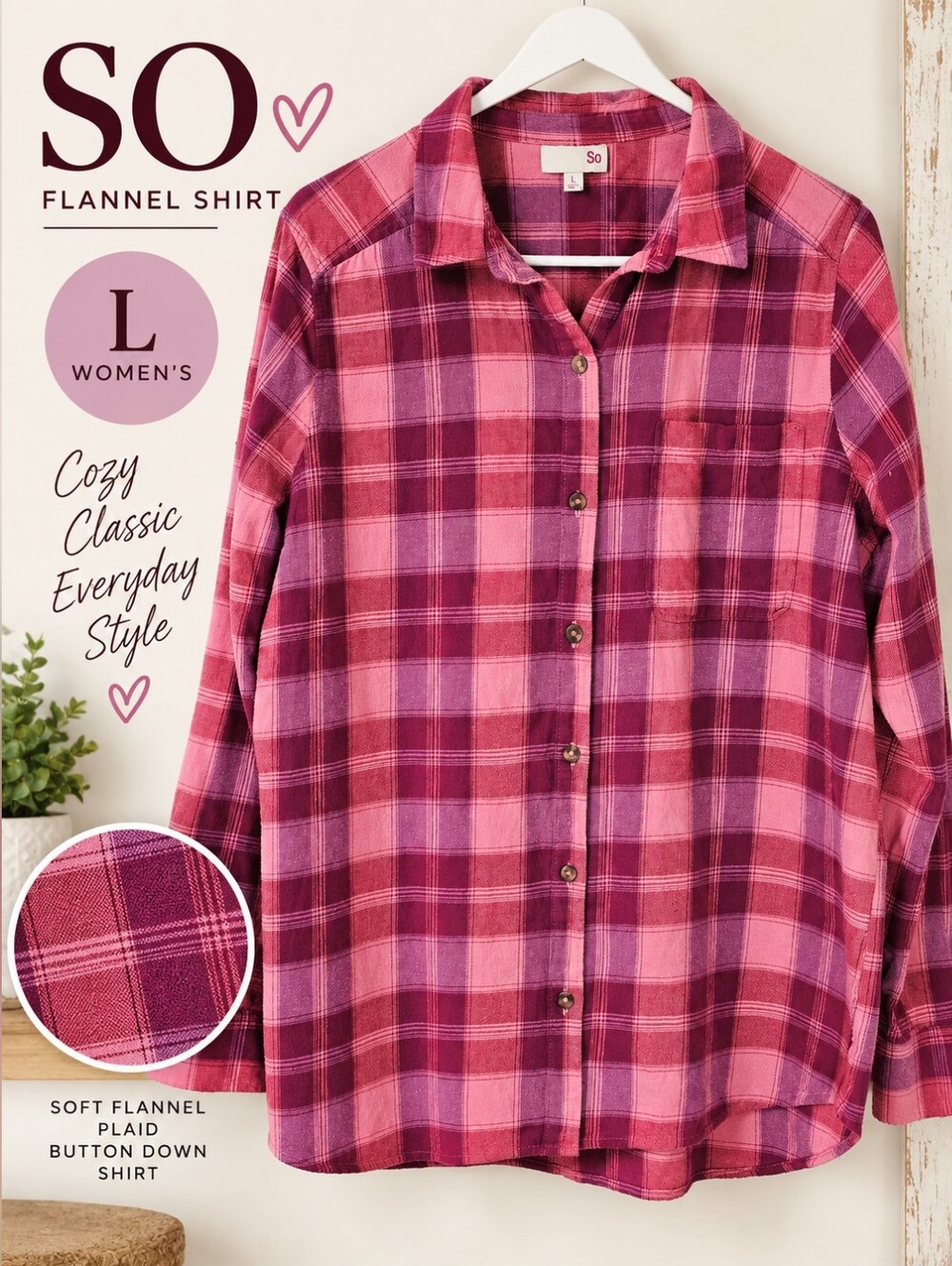 SO Pink Burgundy Plaid Flannel Button Down Shirt Size L